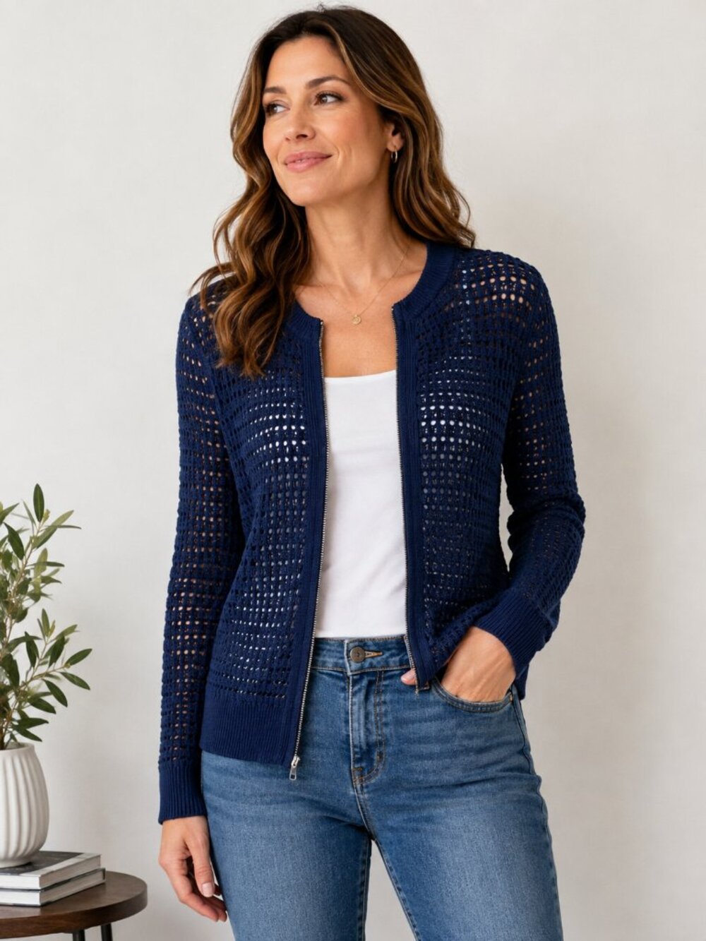 Simply Vera Vera Wang Blue Open Knit Zip Cardigan Sweater Size L